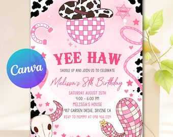 Cowgirl Birthday Invitation, Nashville Party, Pink Cowgirl Party Invites, Space Cowgirl Birthday, Disco Rodeo Invite, Editable Canva