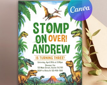 Editable Dinosaur Birthday Party Invitation Template, Dinosaur World Invite Stomp on Over Dino Birthday, T-Rex Party Invite Instant Download