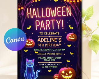 Neon Halloween Party Invite, Spooktacular Costume Party Neon Invitation, Halloween DIY Kids Cute Invite, Halloween Invitation Editable Canva