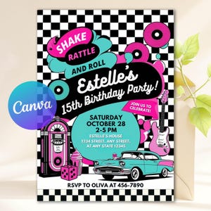 Könnte beinhalten: Eine Geburtstagseinladung im Retro-Stil mit einem schwarz-weiß karierten Hintergrund. Die Einladung hat ein rosa und türkisfarbenes Farbschema mit einer Jukebox, einem klassischen Auto und Noten. Der Text enthält "Shake Rattle and Roll" und Party-Details.