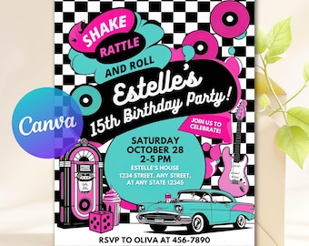 Editable 50's Birthday Invitation, Fifties Invitation, Fifties Party, Retro Diner Birthday Invitation, 1950s Retro Party, Canva Template