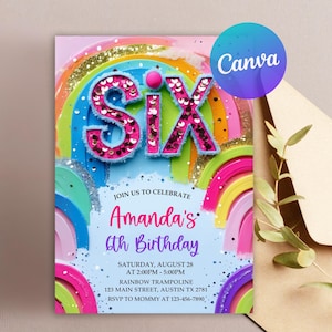 6th Birthday Invitation Girl, 6th Rainbow Sequin Birthday Editable Invite, 6th Glitter Birthday Invitation, Printable Editable Template