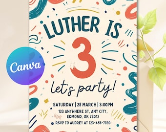 Colorful Classic Birthday Party Invitation, Doodle Hand Drawn Invitation, Kids Party Invite, Printable Canva Template, Instant Download