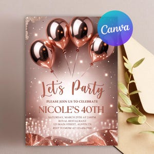 Editable Rose Gold Birthday Invitation Template,Let’s Party Rose Gold Birthday Invite, Printable Invite,Birthday Party Invite,Canva Template