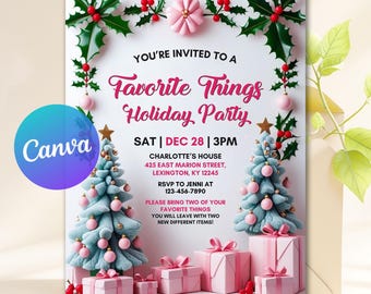 Op de afbeelding: Uitnodiging voor een "Favorite Things Holiday Party". Het ontwerp bevat twee gestileerde blauwe kerstbomen, roze cadeau dozen en hulst versieringen. Het Canva logo is zichtbaar. De tekst bevat datum en tijd.