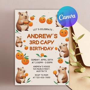Editable Capybara Birthday Invitation Template, Cute Capy Birthday, Animals Kids Birthday girl Birthday Theme, Pet Lover Birthday Invitation