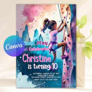 Peut inclure: Une invitation d'anniversaire de style aquarelle avec une jeune fille grimpant un mur d'escalade. Le texte comprend "Climb, Play, and Celebrate!" et "Christine a 10 ans." L'invitation inclut également la date, l'heure et le lieu.
