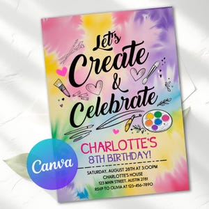 editable invite, editable invitation, birthday invitation, canva, art party, art birthday invite, arts and crafts, art invitation, art party invite, artistic party, painting party, drawing party, arty birthday