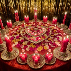 May include: A romantic table setting with red candles, heart-shaped tea lights, and rose petals. The candles are in ornate holders on a red tablecloth. The arrangement includes a heart-shaped tray filled with candles.