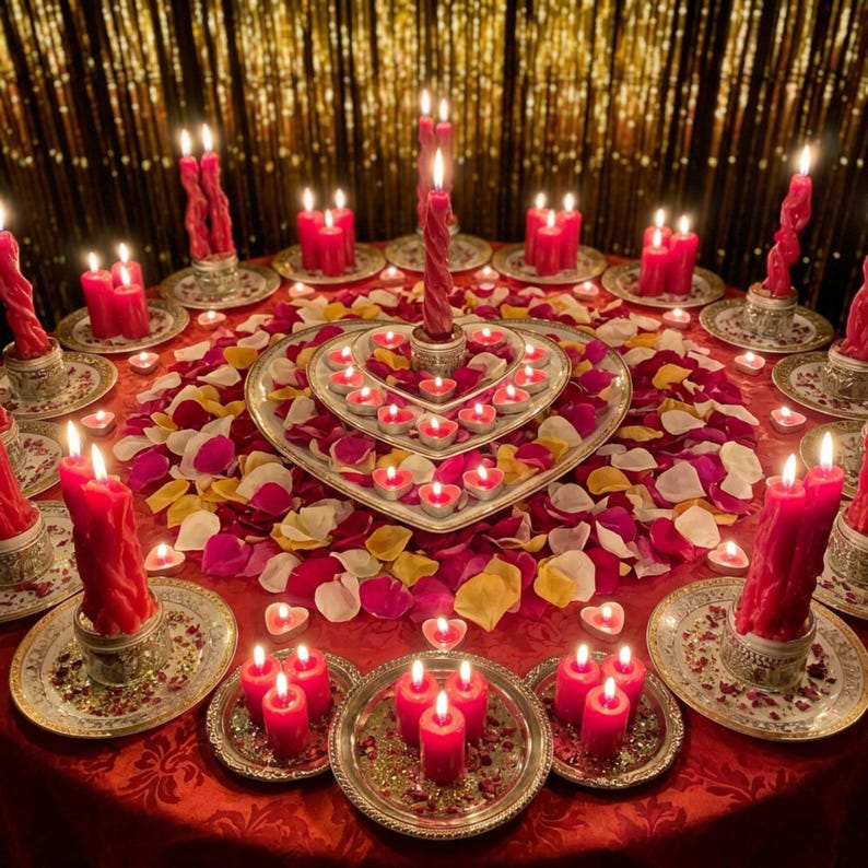 May include: A romantic table setting with red candles, heart-shaped tea lights, and rose petals. The candles are in ornate holders on a red tablecloth. The arrangement includes a heart-shaped tray filled with candles.