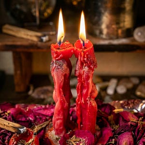 May include: Two red, lit candles with dripping wax, set against a backdrop of dried rose petals and a wooden surface. The candles have a textured appearance and are surrounded by a mystical ambiance.