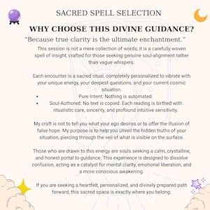 May include: A cream-colored graphic with the text "SACRED SPELL SELECTION" and "WHY CHOOSE THIS DIVINE GUIDANCE?". The text describes a personalized spiritual session for clarity and guidance. Decorative elements include a crescent moon, stars, and a crystal ball.