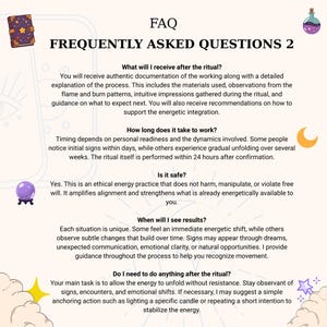 May include: An illustrated FAQ page with the title "FREQUENTLY ASKED QUESTIONS 2". The page includes text answering questions about a ritual, with decorative elements like a book, a potion bottle, a crystal ball, a crescent moon, and a star.