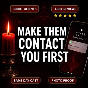 Może przedstawiać: Czerwona świeca w ciemnym metalowym świeczniku obok smartfona z powiadomieniem o nowej wiadomości. Tekst: 3000+ CLIENTS, 400+ REVIEWS, MAKE THEM CONTACT YOU FIRST, SAME DAY CAST, PHOTO PROOF. Nad telefonem widnieje pięć żółtych gwiazdek.