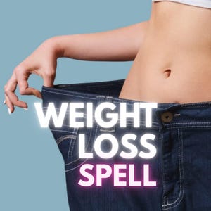 May include: Dark blue denim jeans with white contrast stitching, held out at the waist to show a loose fit. The text WEIGHT LOSS SPELL is overlaid in white and pink capital letters across the front of the denim fabric against a blue background.