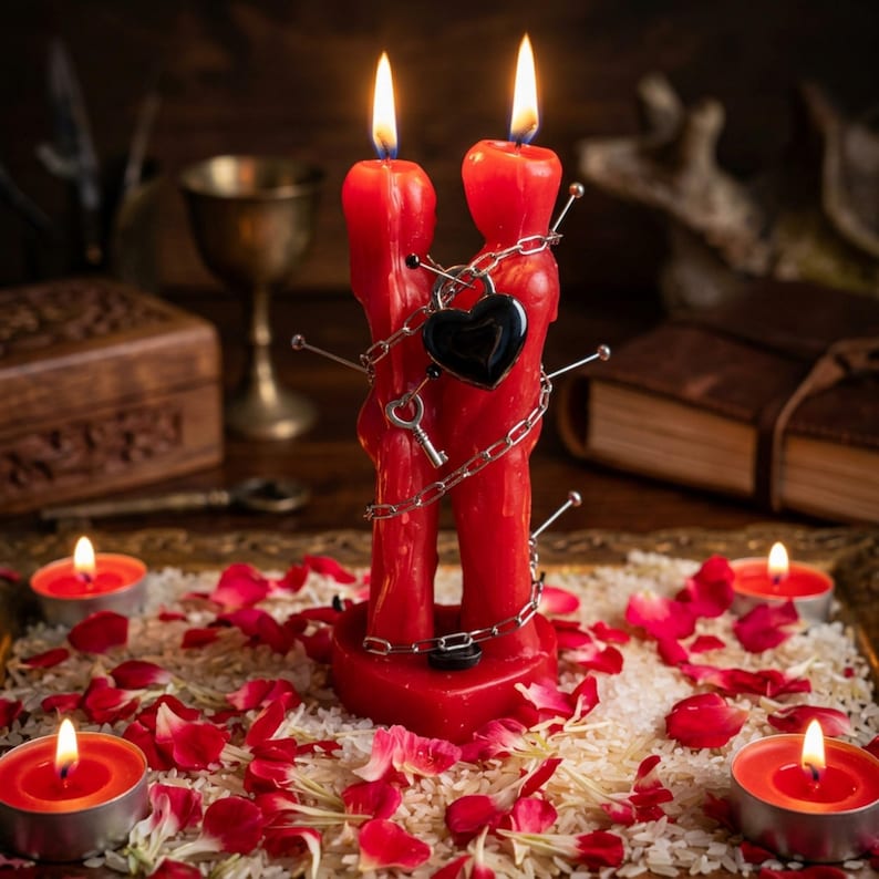 May include: A pair of red candles, shaped as figures, are intertwined with a chain and a black heart-shaped lock. The candles are lit, with pins inserted. The scene includes lit red tea lights, rose petals, and a decorative tray.