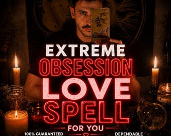 Könnte beinhalten: Eine Person hält eine Tarotkarte mit dem Text EXTREME OBSESSION LOVE SPELL FOR YOU, 100% GUARANTEED SOLUTION und DEPENDABLE SELLER. Die Szene enthält brennende Kerzen in Gläsern und eine Kristallkugel in einer schwach beleuchteten, dunklen Umgebung.