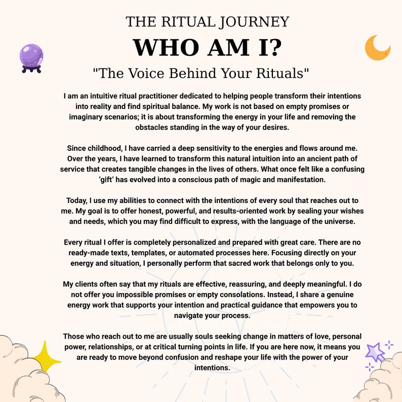 May include: A promotional graphic with text that reads "THE RITUAL JOURNEY WHO AM I?" and "The Voice Behind Your Rituals." The text describes an intuitive ritual practitioner. The image includes a purple crystal ball, a crescent moon, and a star.
