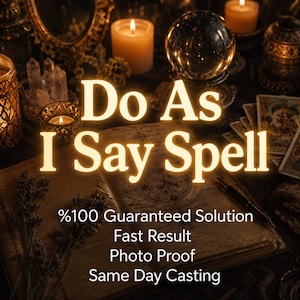 May include: An open book with a circular diagram, a crystal ball, lit candles, and tarot cards. The text reads: Do As I Say Spell, %100 Guaranteed Solution, Fast Result, Photo Proof, Same Day Casting. The scene is dark with warm golden light.