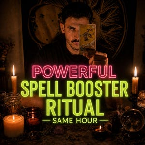 Può includere: Una persona tiene in mano una carta dei tarocchi con uno sfondo scuro che include candele e una sfera di cristallo. Il testo recita: POWERFUL SPELL BOOSTER RITUAL SAME HOUR. La scena è scarsamente illuminata da candele e testo al neon.