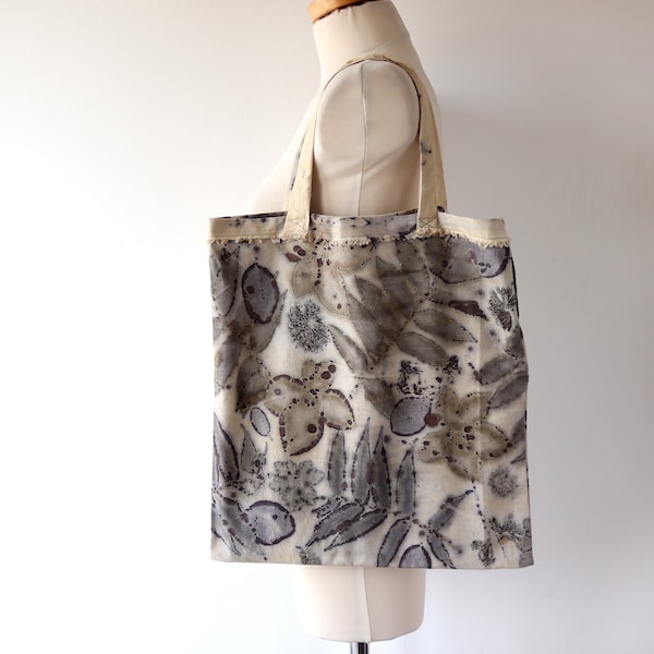 Eco printed tote bag Canvas shoulder bag tote  bag natural hand dyed  Eco-printed with  leaves  Reusable Shopping Bag, Farmers Market Tote