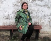 Wool hooded coat Green wool alpaca jacket Felted coat Natural wool cape with hood galafilc wearable art jacket