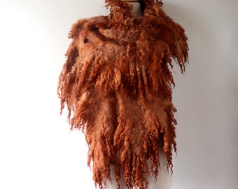 Felt Fur Curly scarf Rustic Brown beige Hand Felted scarf Pure Real Wool Fleece by galafilc Organic and Cruelty Free
