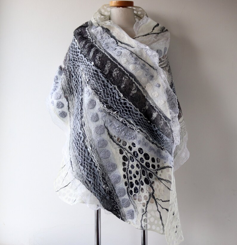 Nuno Felted Scarf Women Warm Wool Scarf White Grey Wool Silk | Etsy
