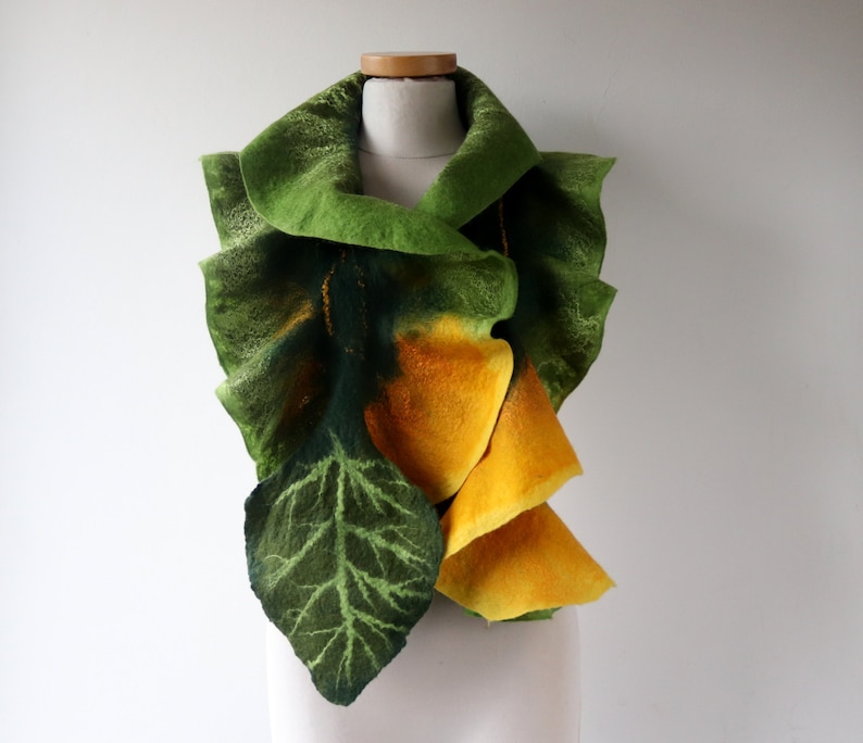 Felted scarf pink ruffle collar Green women scarf Green yellow scarf wool Ruffle scarf by Galafilc gift for her image 2
