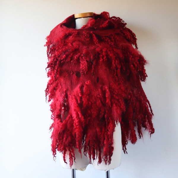 Felt Fur Curly scarf raspberry  red  Hand Felted scarf Pure Real Wool Fleece by galafilc Organic and Cruelty Free