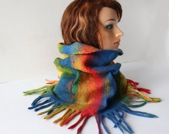 Felted  snood Red Blue yellow winter  wool  scarf, Wool cowl, rainbow hooded scarf