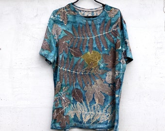 Top shirt eco print botanical print Blue Cotton shirt  women men Ecoprint  Large size Natural hand dyed organic  t-shirt   galafilc