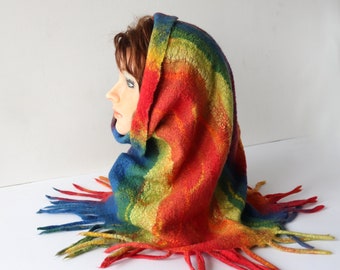 Felted  snood Red Blue yellow winter  wool  scarf, Wool cowl, rainbow hooded scarf