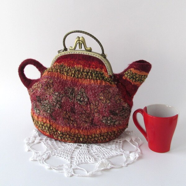 Felted teapot  purse India Burgundy dark red handbag