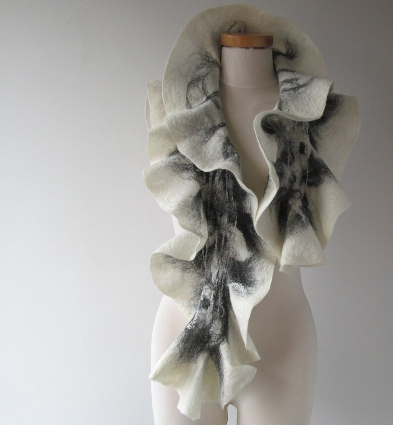Felted scarf Grey scarf ruffle collar, wet felted ruffle scarf , White Black grey collar by Galafilc gift for her outdoors gift image 4