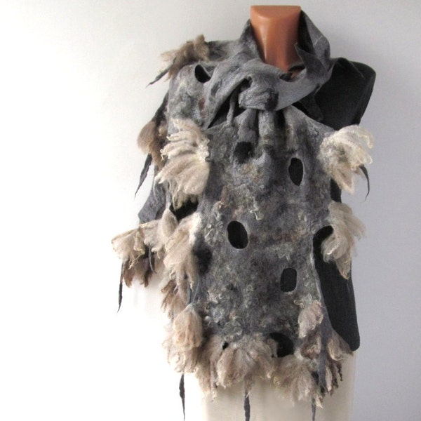 Felted scarf -  grey fur raw wool