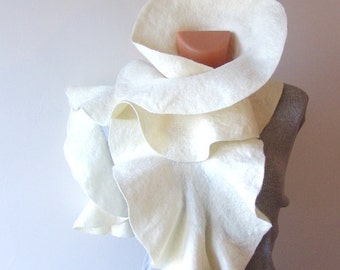 Ruffle Felted scarf ruffle collar White ruffle scarf women scarf by GalaFilc gift for her outdoors gift