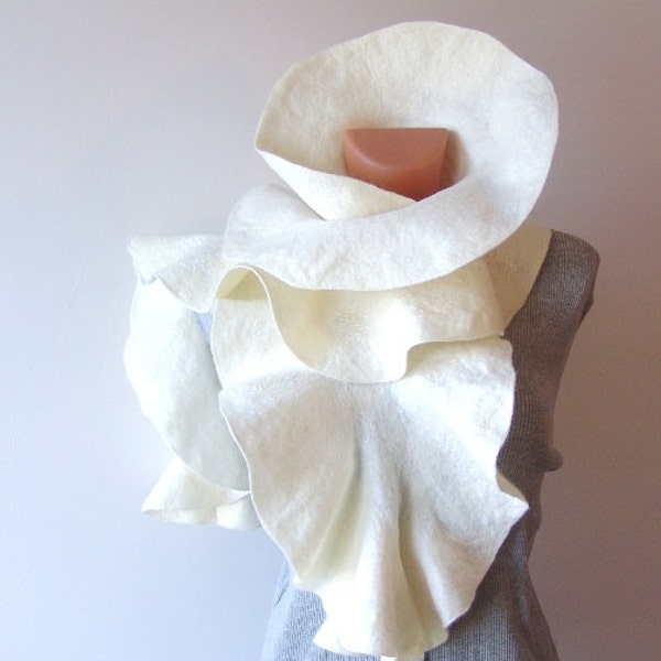 Ruffle Felted scarf ruffle collar White ruffle scarf women scarf by GalaFilc gift for her outdoors gift