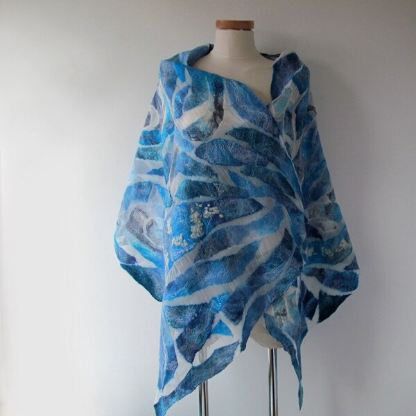 Nuno felted scarf, Blue white felt scarf,  nautical scarf , Women shawl Spring scarf  Summer scarf