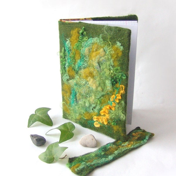 Felted journal notebook cover  Green moss autumn fall  gift under 25