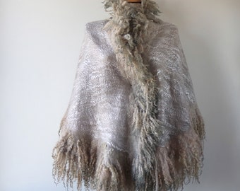 Curly Felted scarf Fur collar Grey felt collar  Grey Fur wrap  Pure Wool Fleece real fur shawl Felt scarf