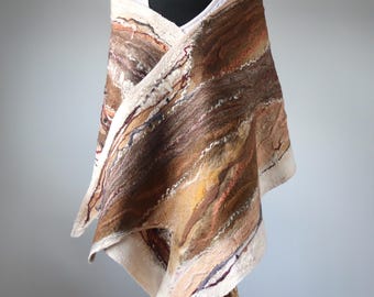 Nuno Felted Merino Wool Scarf: Brown Beige Woodland Shawl