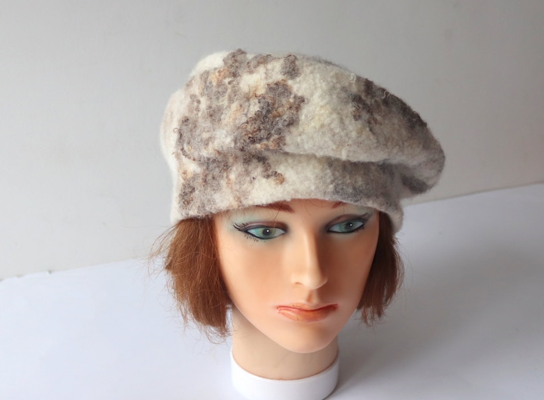 Natural wool beret wool hat Grey beany hat beige wool beanie hat Felt warm hat Brown Grey Wool Hat image 1