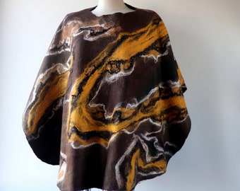 Women Poncho brown yellow wool Cape Felted poncho Geode brown wool poncho  Wool felted cape outerwear oversized poncho