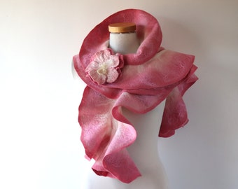 Felted scarf pink ruffle collar  Pink women scarf  Rose flower scarf wool Ruffle scarf by Galafilc  gift for her