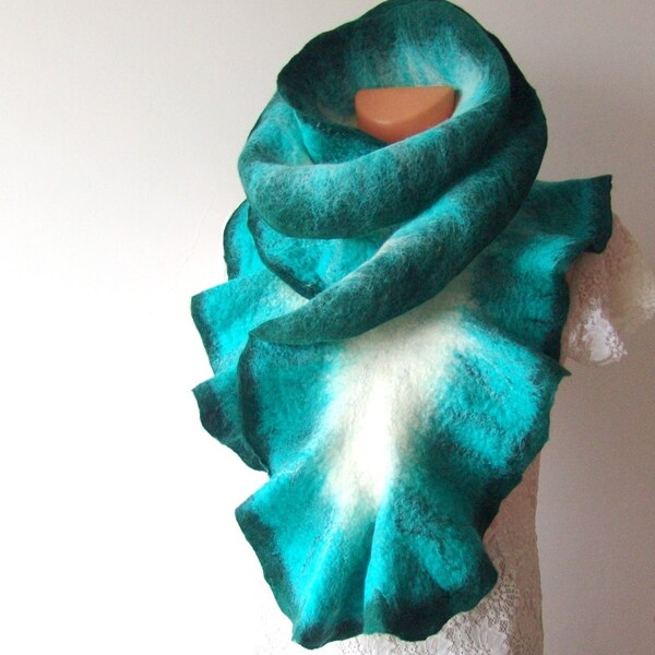 Felted scarf ruffle collar -  Teal white turquoise