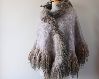 Curly Felted scarf Fur collar Grey felt collar  Grey Fur wrap  Pure Wool Fleece real fur shawl Felt scarf