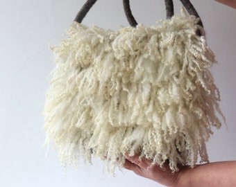 Felted  handbag  purse Eco fur purse Shoulder Bag Grey White fringe felt fur curly wool locks unique handbag by Galafilc