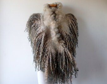 Curly Felted scarf Fur collar Grey felt collar  Grey Gray Fur scarf  Pure Wool Fleece real fur scarf Viking Felt scarf