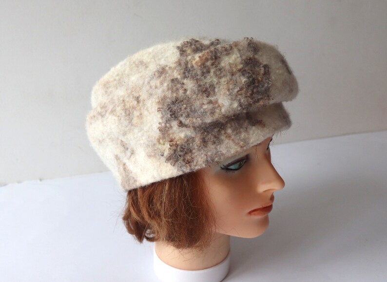 Natural wool beret wool hat Grey beany hat beige wool beanie hat Felt warm hat Brown Grey Wool Hat image 7